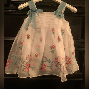Pinco Pallino White Dress with Teal Ribbon Trims and Floral Embroidery